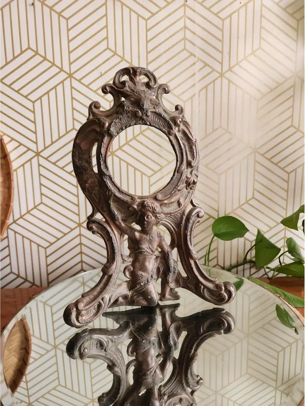 Antique 1906 Brass Cast Mantle Clock Case  Frame